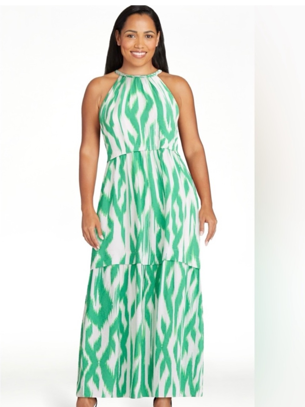 Sofia Green White Ikat Tiered Halter Maxi Dress XXXL 22 Resort Boho
